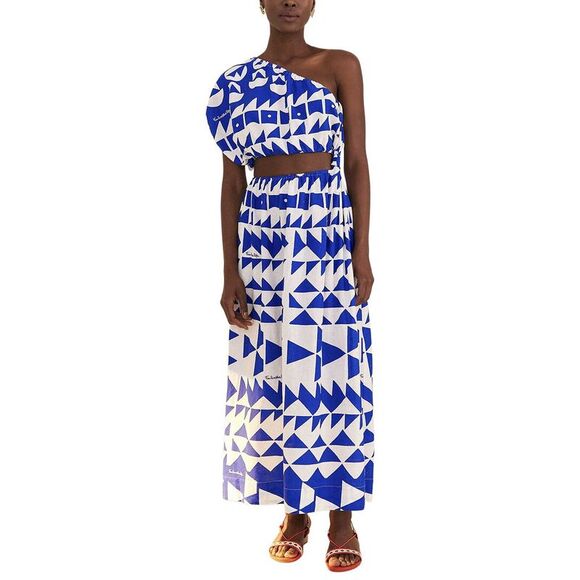 FARM Rio Dresses & Skirts - Farm Rio Womens Linen-Blend Pitta Tiles Off-White One Shoulder Maxi Dress